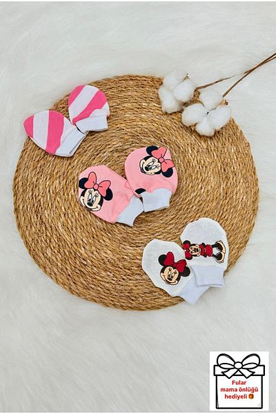 Lumos Trade Minnie Baby Girl Newborn Gloves - Set of 3 Pairs Combed Organic Cotton