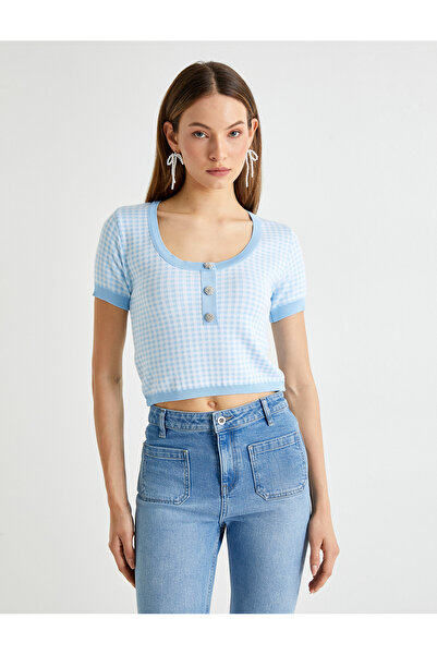 Koton X Tuba Unsal - Tricot Bluză cu mânecă scurtă cu detaliu cu nasturi de piatră Gingham
