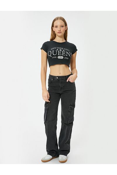 Koton Crew Neck Crop Printed Cotton T-Shirt - Short Sleeve, Slim Fit