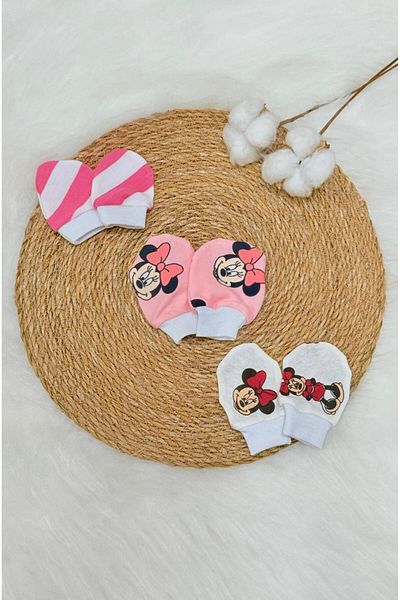 Lumos Trade Minnie Baby Girl Newborn Gloves - Set of 3 Pairs Combed Organic Cotton
