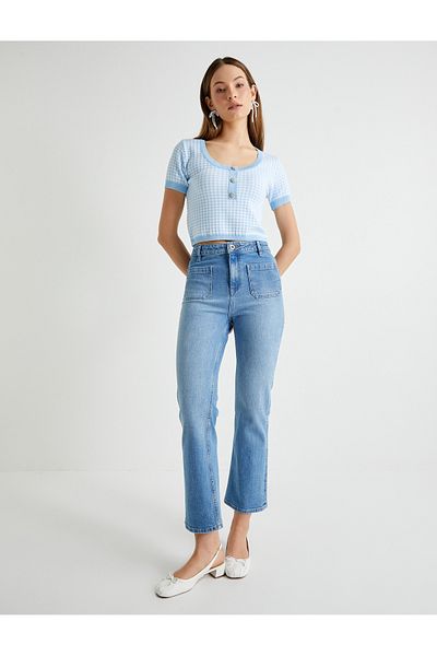 Koton X Tuba Unsal - Tricot Bluză cu mânecă scurtă cu detaliu cu nasturi de piatră Gingham