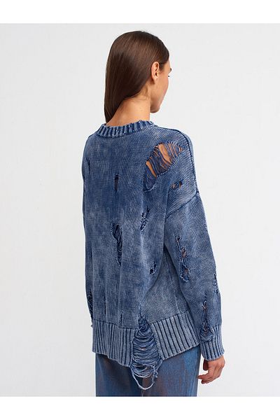 Dilvin 10479 Pale Effect Crew Neck Ripped Detail Sweater-Indigo
