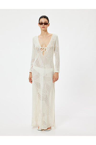 Koton Hosszú horgolt strandruha, mély V nyakú gyűrű, részletes, hosszú ujjú, hasított részletekkel