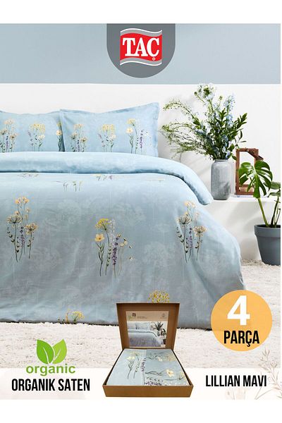 Taç Set cuvertură de pilota dublă din satin din bumbac organic Lillian Blue