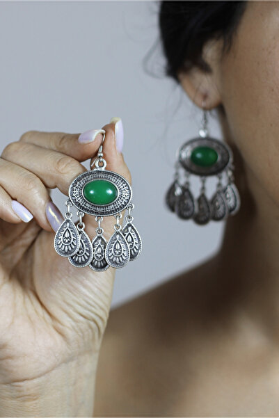 homet Gümüş Kaplama Yeşil Oval Kadın Küpe