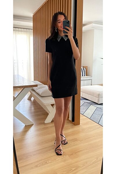 Myrum butik Siyah Gömlek Yaka Süet Elbise