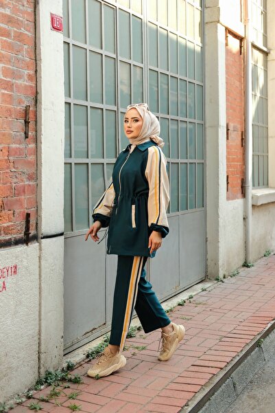 MİMİ Luxury Wear Σετ αθλητικής φόρμας Hijab με φερμουάρ Petrol Color - Τουνίκ και Παντελόνι