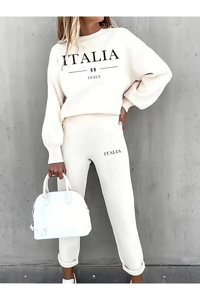 Moka Shopin Mokashopin Women's Long Sleeve Crew Neck Ruffled Three Thread Blouse and Pants Double Suit