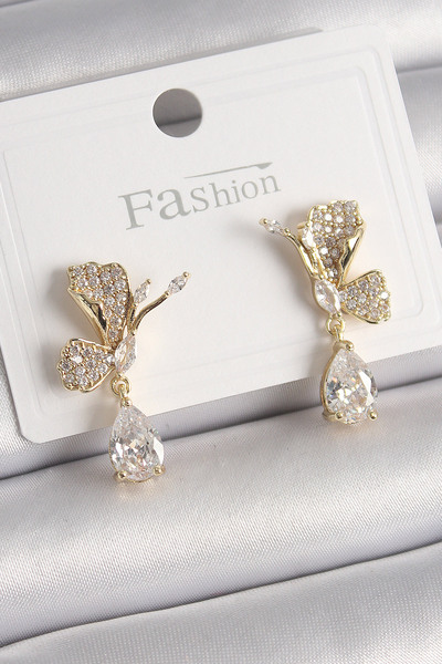 MBB ETİCARET Brass Gold Color Zircon Stone Crane Bird Model Dangle Detail Women's Earrings - Tj-Bkp9919