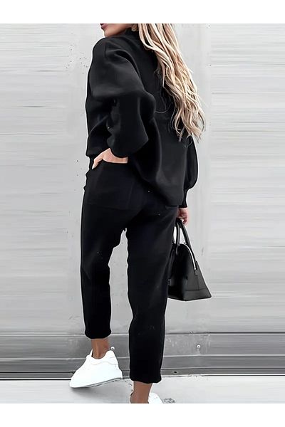 Moka Shopin Mokashopin Women's Long Sleeve Crew Neck Ruffled Three Thread Blouse and Pants Double Suit