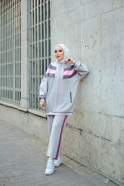 MİMİ Luxury Wear طقم رياضي حجاب رمادي - طقم مكون من قطعتين بسحاب