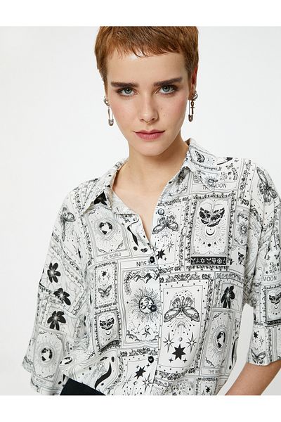 Koton Viscous Oversize Shirt Printed Short Sleeve