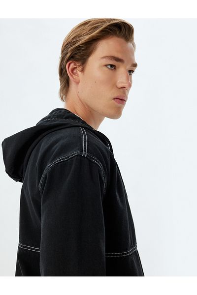 Koton New Season Hooded Denim Jacket Oversize Zippered Pocket Detailed Cotton