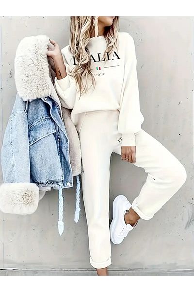Moka Shopin Mokashopin Women's Long Sleeve Crew Neck Ruffled Three Thread Blouse and Pants Double Suit