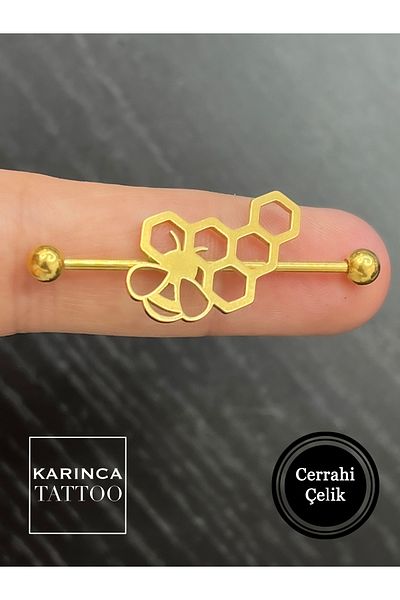 Karınca Piercing Gold Color Bee Honeycomb Patterned Ear Industrial Bridge Piercing (Ant Tattoo)