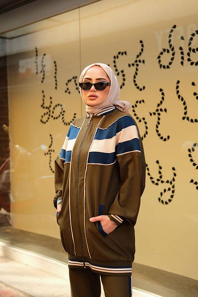 MİMİ Luxury Wear Khaki Hijab Tracksuit Set - Zippered Double Set