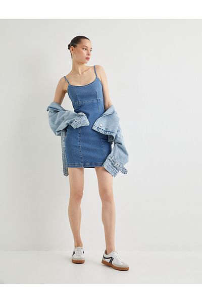 Koton Βαμβακερό Slim Fit Strappy Mini Denim Φόρεμα - U γιακά