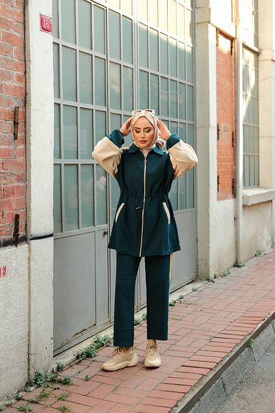 MİMİ Luxury Wear Σετ αθλητικής φόρμας Hijab με φερμουάρ Petrol Color - Τουνίκ και Παντελόνι