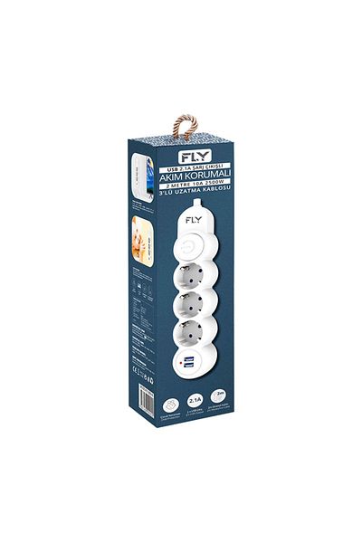 Fly -3393-01 Thermal Current Protected 3-Plug Socket 2 Usb 2m 2.1a Extension Cable