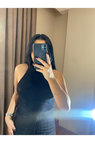 MODA Women's Soft Halter Neck Black Knitwear Sweater Blouse