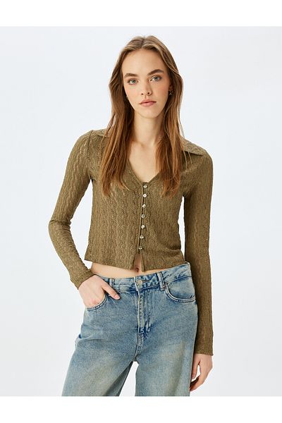 Koton New Season Polo Neck Buttoned Openwork Long Sleeve T-Shirt