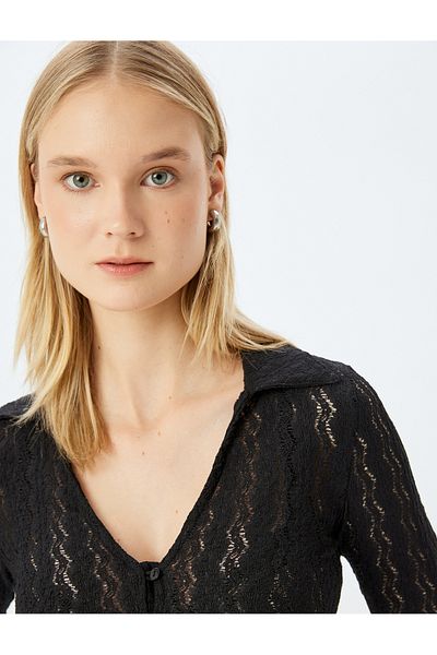 Koton Lapel Button Openwork Long Sleeve T-Shirt