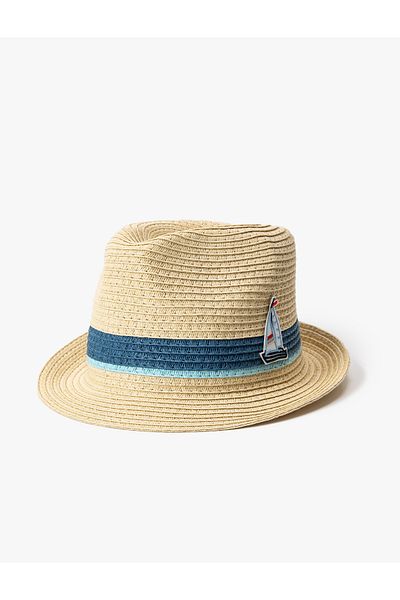 Koton Striped Straw Fedora Hat - Appliqued