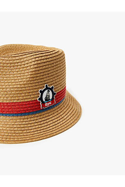 Koton Pruhovaný slaměný klobouk Fedora - nášivka