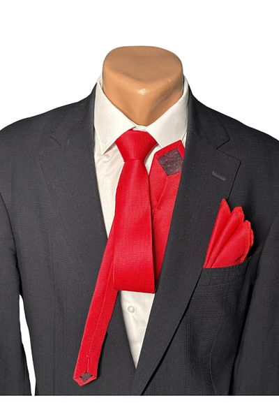 HARES Special Red Eyelet Handmade Woven Tie & Handkerchief