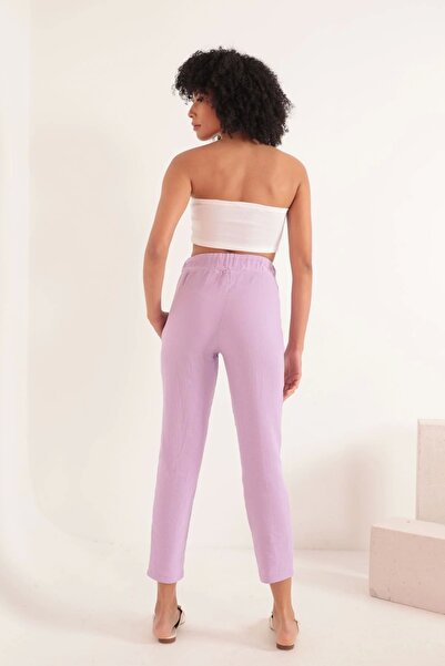 Genel Markalar Müslin Kumaş Rahat Kalıp Lastikli Kadın Pantolon-lila