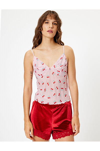 Koton Kiraz Baskılı Askılı Pijama Üstü Kalp Yaka Rahat Kalıp