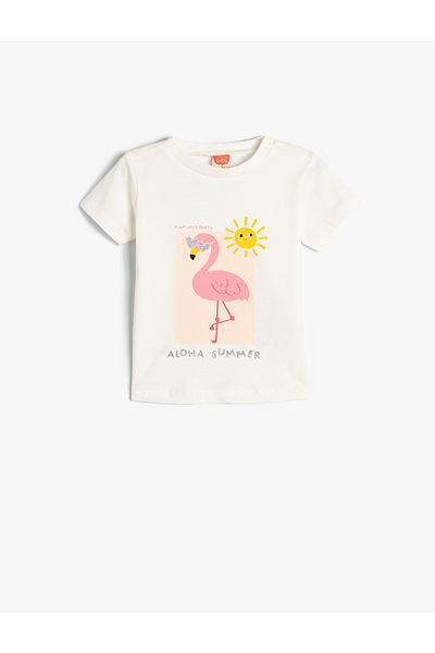 Koton Flamingo T-Shirt - Short Sleeve Crew Neck, Cotton