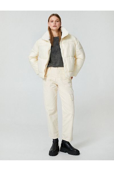 Koton Short Puffer Jacket Zippered Faux Fur Stand Collar Zippered