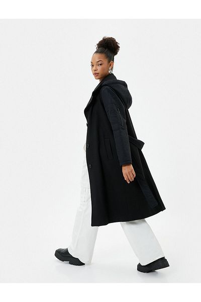 Koton Long Cuff Coat Hooded Belted Parachute Fabric Detailed Pockets Button Closure