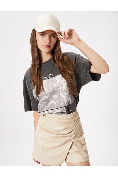 Koton Oversize T-Shirt Slogan Printed Washed Crew Neck Short Sleeve