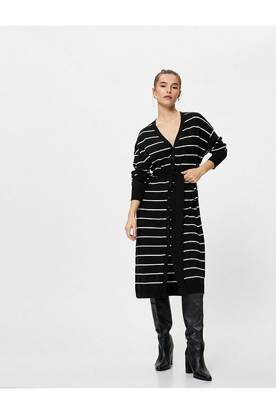 Koton Knitwear Long Cardigan Buttoned Waist Belted V-Neck