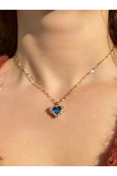 Nutly Accessories Kadın Paslanmaz Çelik Gold Zirkon Taşlı Mavi Kalp Kolye