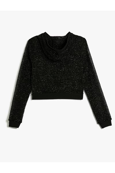 Koton Crop Mesh Hooded Zippered Sweatshirt Glitter Slim Fit
