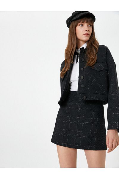 Koton Fustă mini din tweed cu model în carouri - amestec de lână