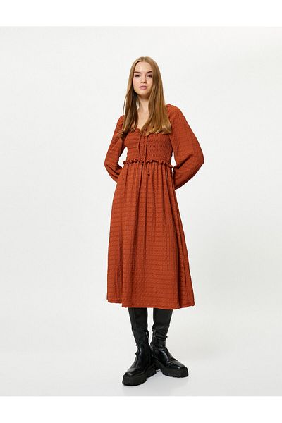 Koton Maxi Check Dress Textured Front Tie Detail Long Sleeve Gipe Detailed Ruffle Detail