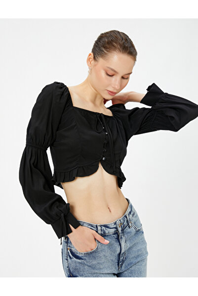 Koton Bluză crop cu mânecă cu balon, cu volan, cravată cu mânecă lungă, viscoză
