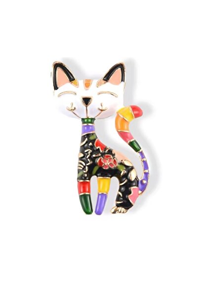 Rachel Silver Renkli Mineli Altın Renk Sevimli Kedi Broş Yaka İğnesi