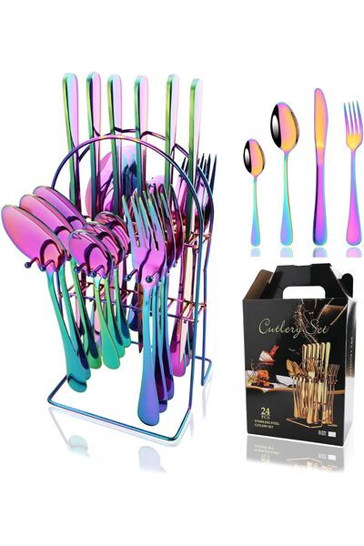 Arabest Silverware Set 24 Piece Rainbow Flatware Cutlery With Stand Include F...