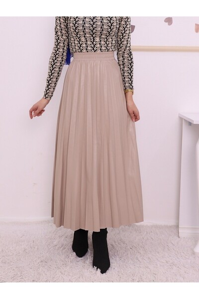 Modamorfo Beige Elastic Waist Pleated Leather Skirt
