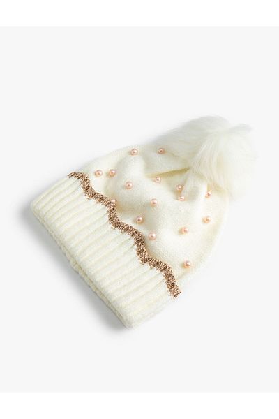 Koton Pompom Knitted Beanie with Bead Detail
