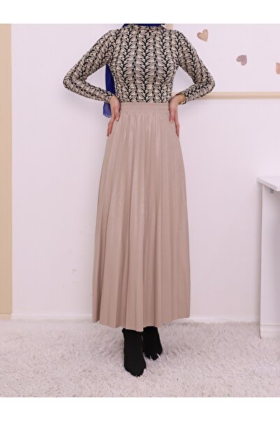 Modamorfo Beige Elastic Waist Pleated Leather Skirt