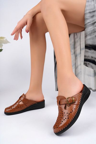 Akgün Terlik Women's Tan Genuine Leather Orthopedic Sabo Slippers