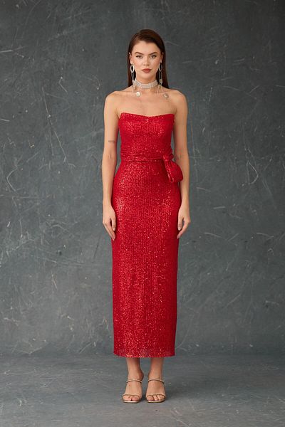 Carmen Red Strapless Midi Sequined Evening Dress