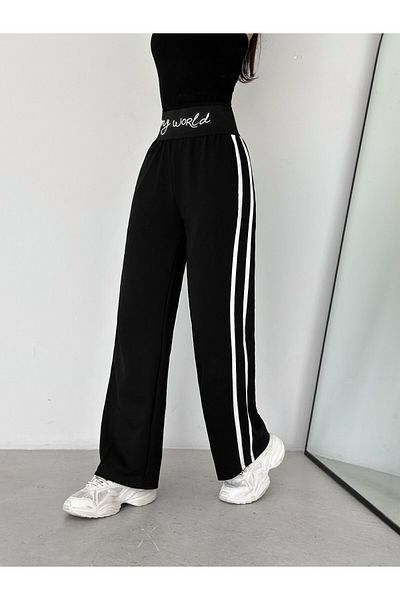 Modamorfo Double Striped Elastic Combed Cotton Trousers -Black