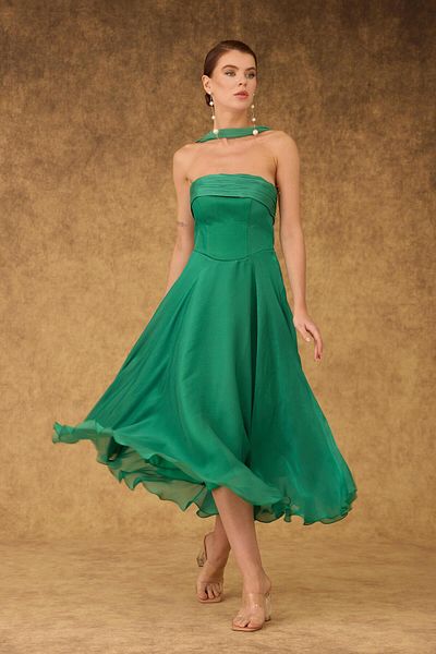 Carmen Green Strapless Satin Evening Dress with Shawl